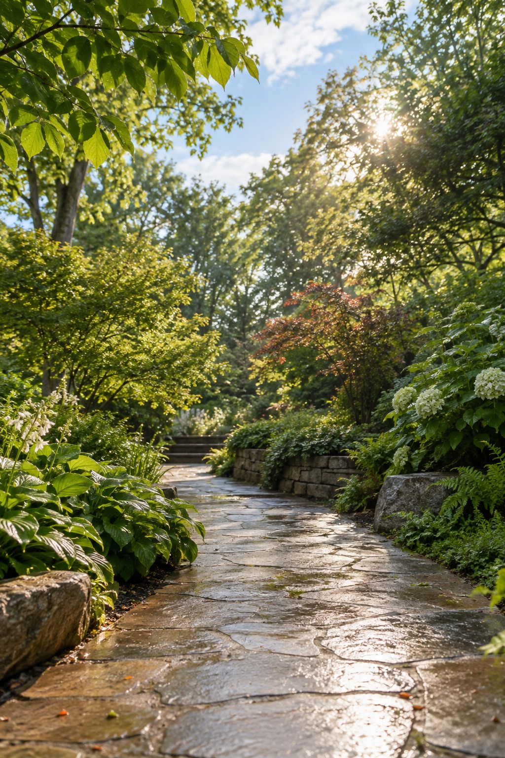 Sunlight through trees above a wet stone garden path
